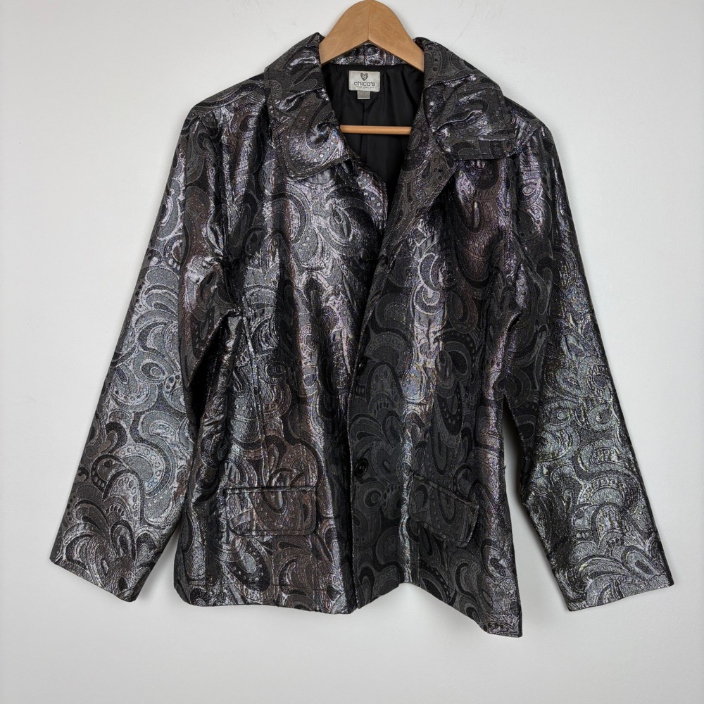 Chicos Womens Paisley Metallic Blazer 3 Silver Black Shimmer Brocade Jacket Glam